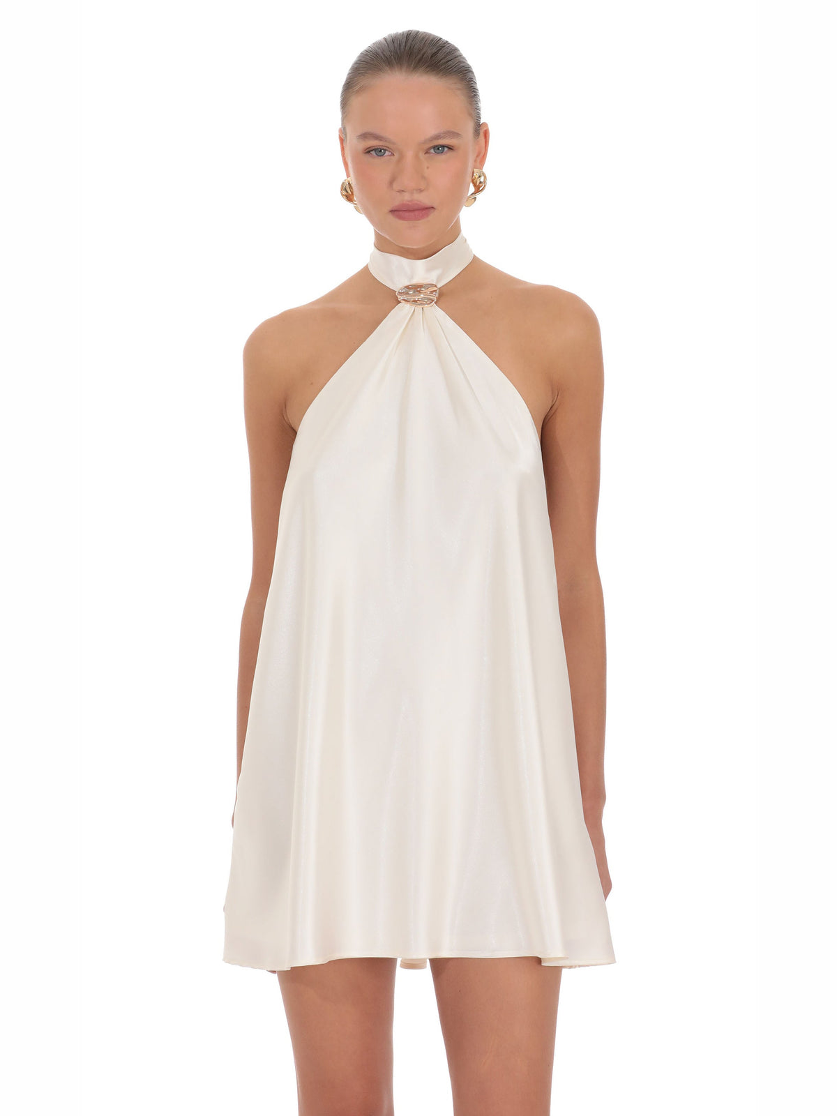 White homecoming dress with satin construction and mini hem