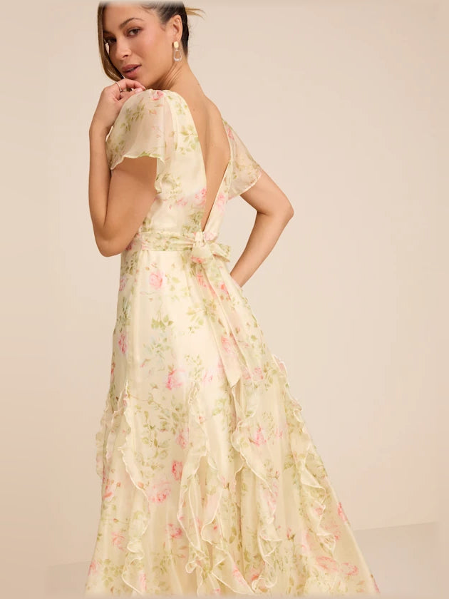 Light green floral ruffled midi dress with V-back and layered shoulder ruffles
