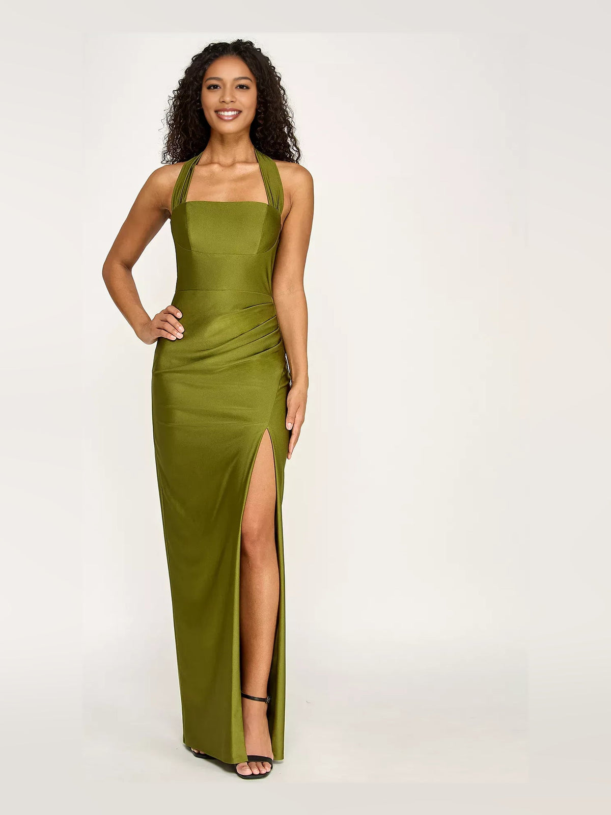 Moss green halter satin formal dress with ruching and front slit, floor length