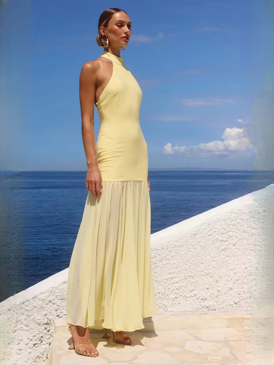 Butter fit-and-flare maxi formal dress with halter neckline, alternate full-length view