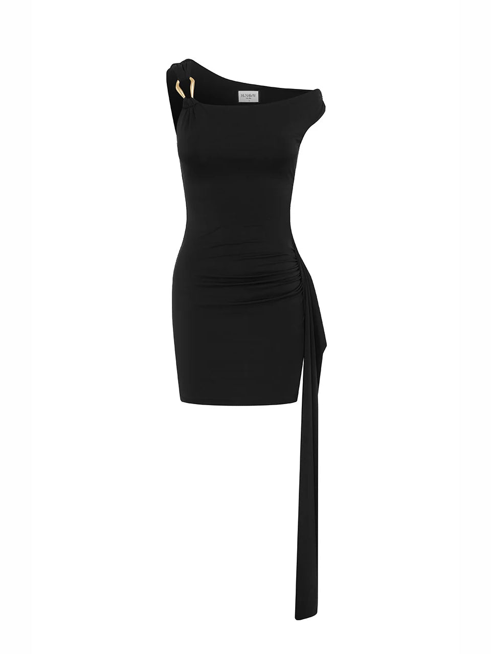 Black ruched one-shoulder bodycon mini dress with long tie drape