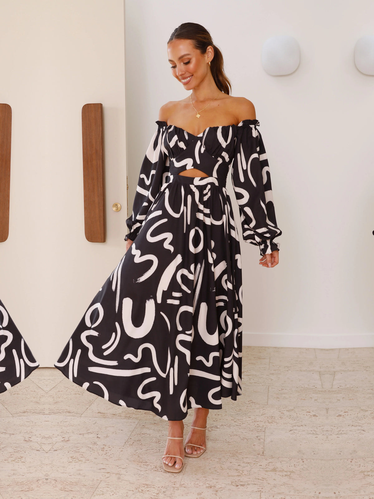 Black a-line maxi formal dress with printed pattern, alternate view