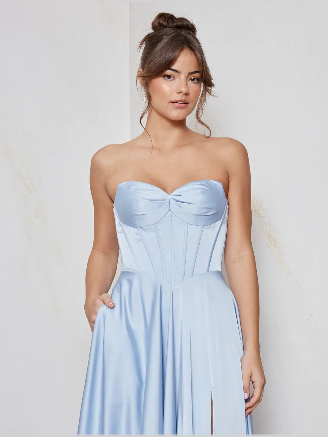 Light blue strapless corset maxi dress with sweetheart neckline and ruched bodice