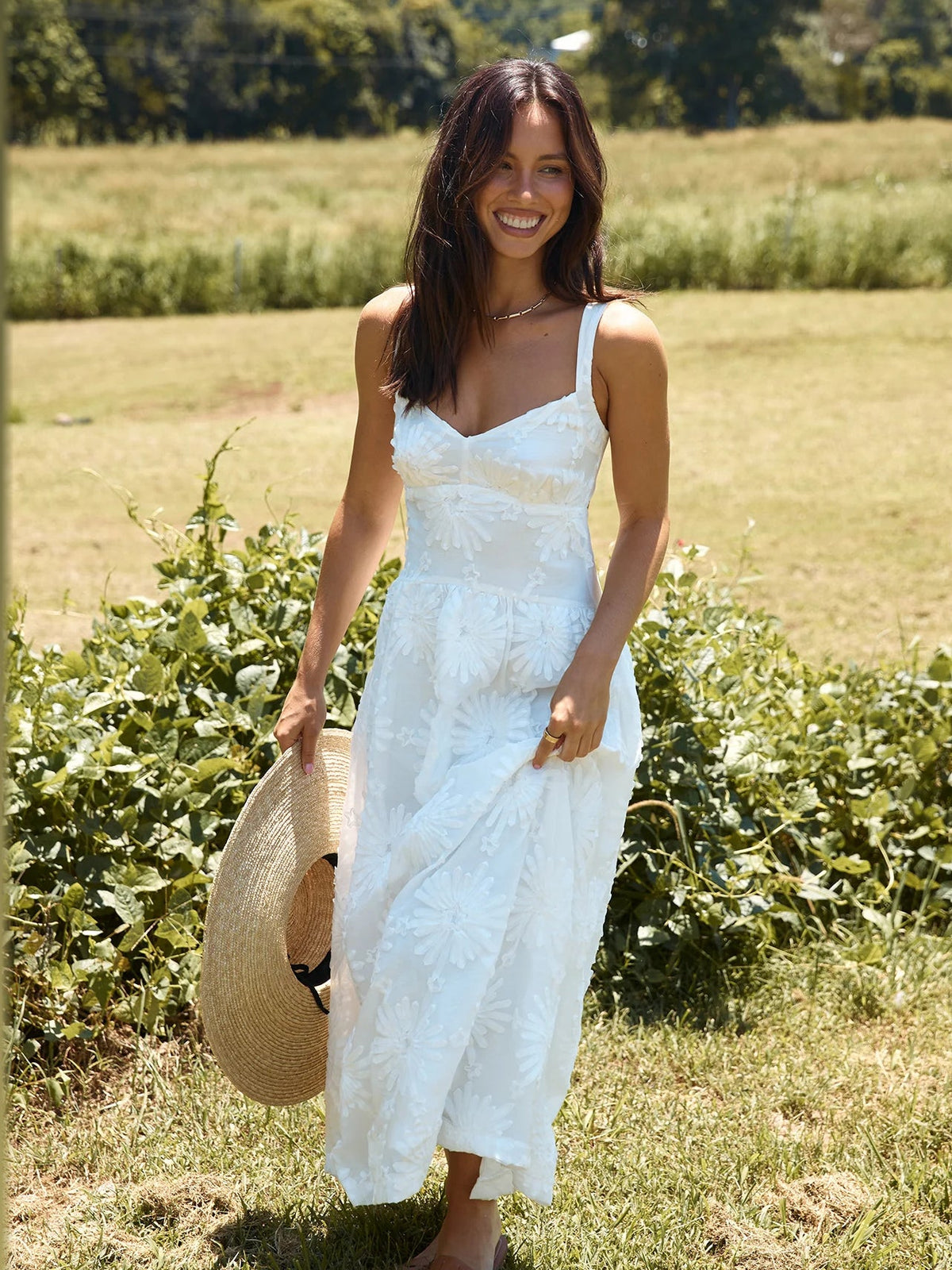 White midi formal dress, alternate full-length view showing the waistline