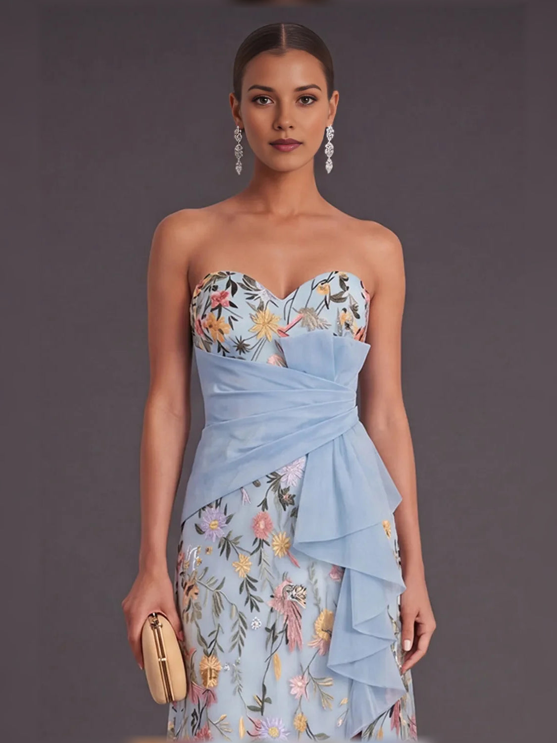 Blue floral formal dress with sweetheart neckline and sheer layered ruffles at waist