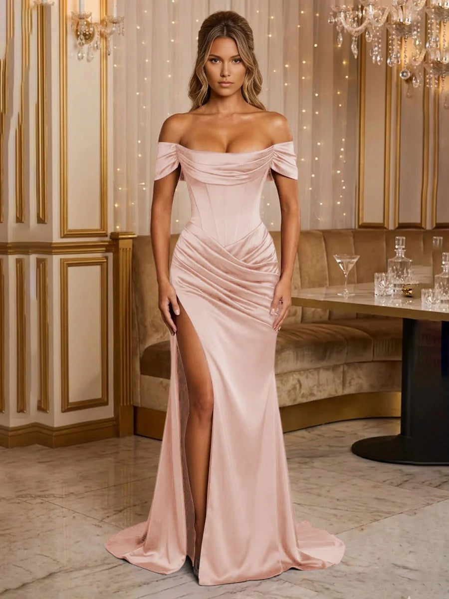 Blush pink off-the-shoulder corset maxi dress with draped bodice and side slit