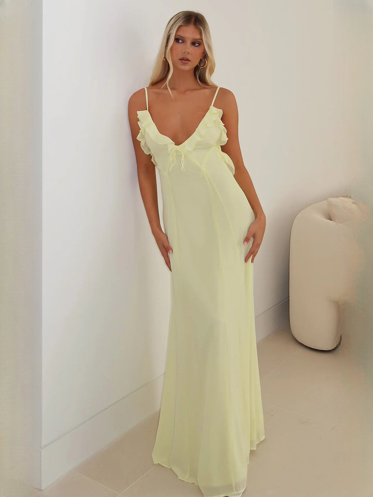 Pale Yellow a-line maxi formal dress with ruching, alternate full-length view