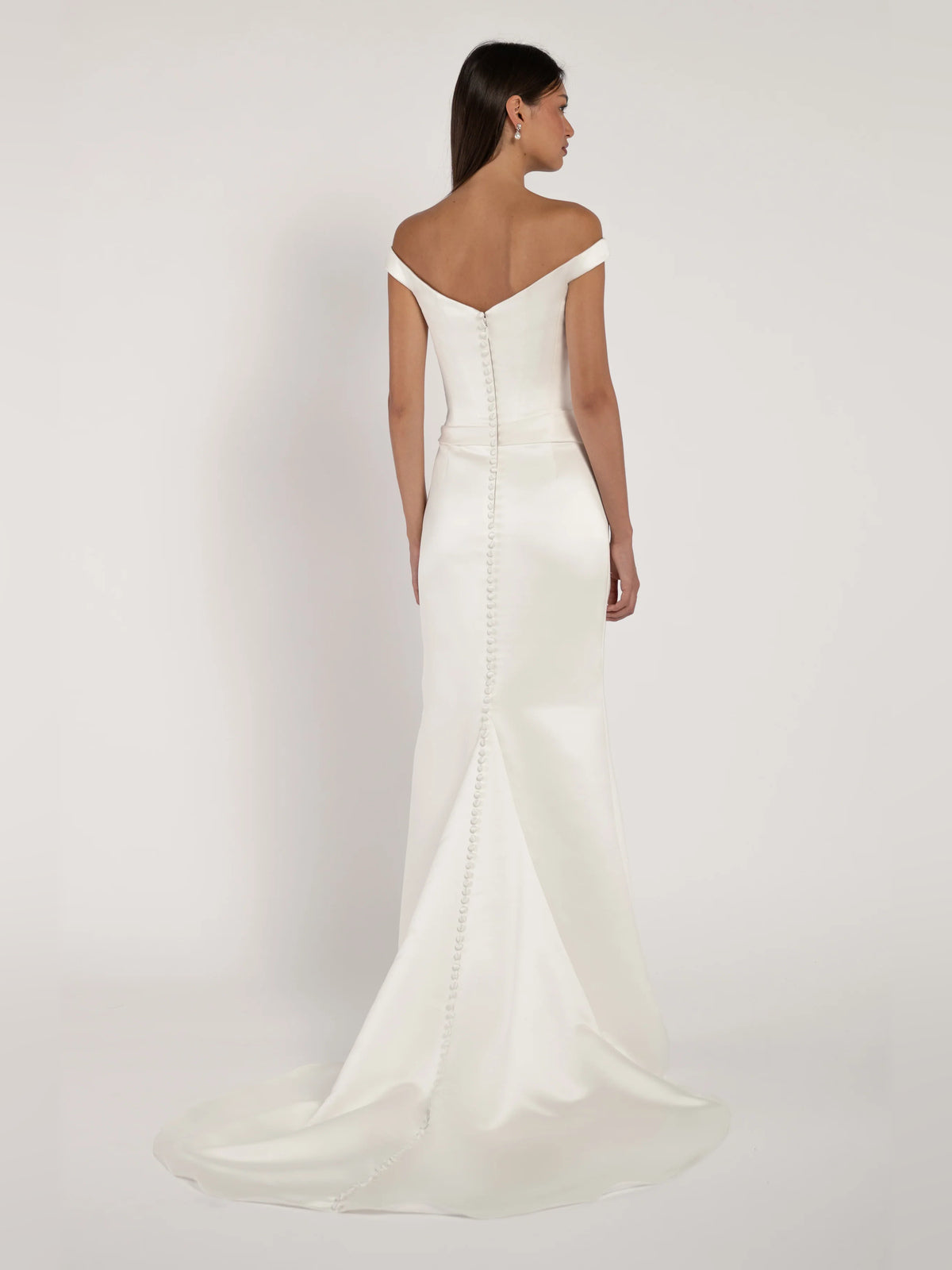Ivory off-shoulder backless A-line satin gown, floor-length with buttoned back seam