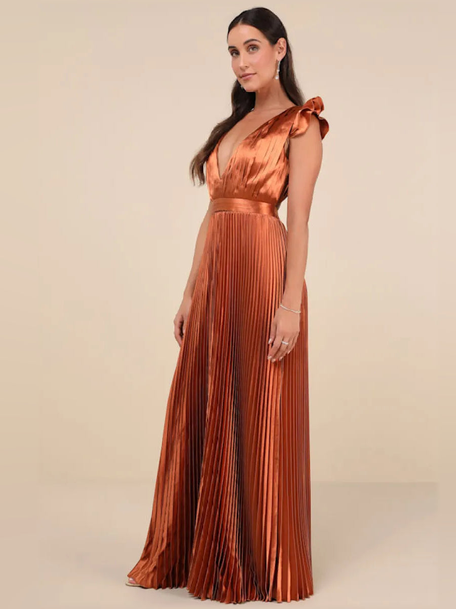 Burnt orange V-neck pleated formal dress with ruffled cap sleeves, floor-length