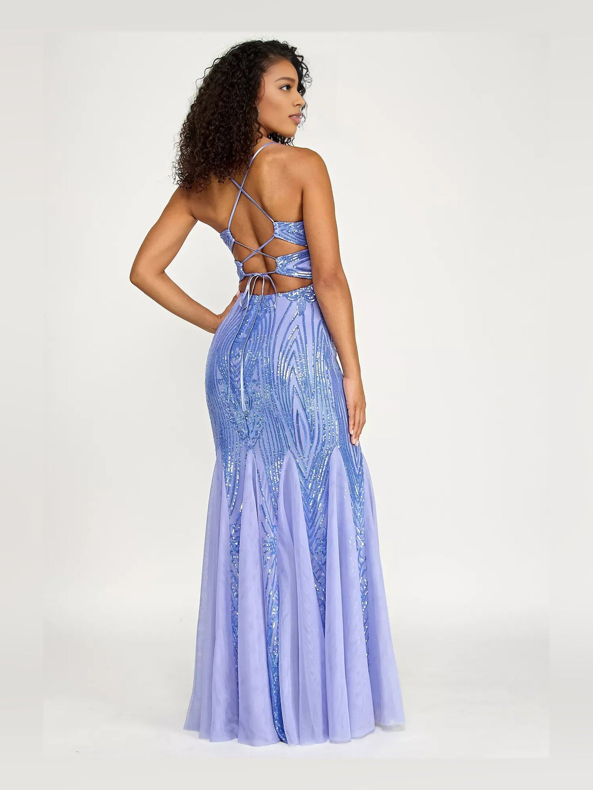 Periwinkle beaded sequin mermaid prom dress with crisscross open back and thin straps