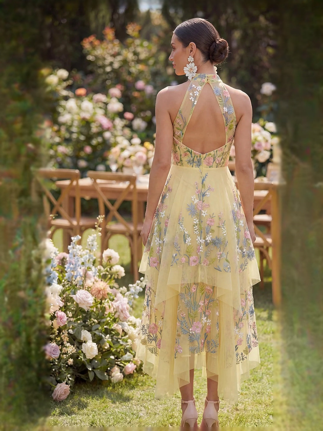 Yellow floral tulle A-line midi prom dress, halter neck, open back view