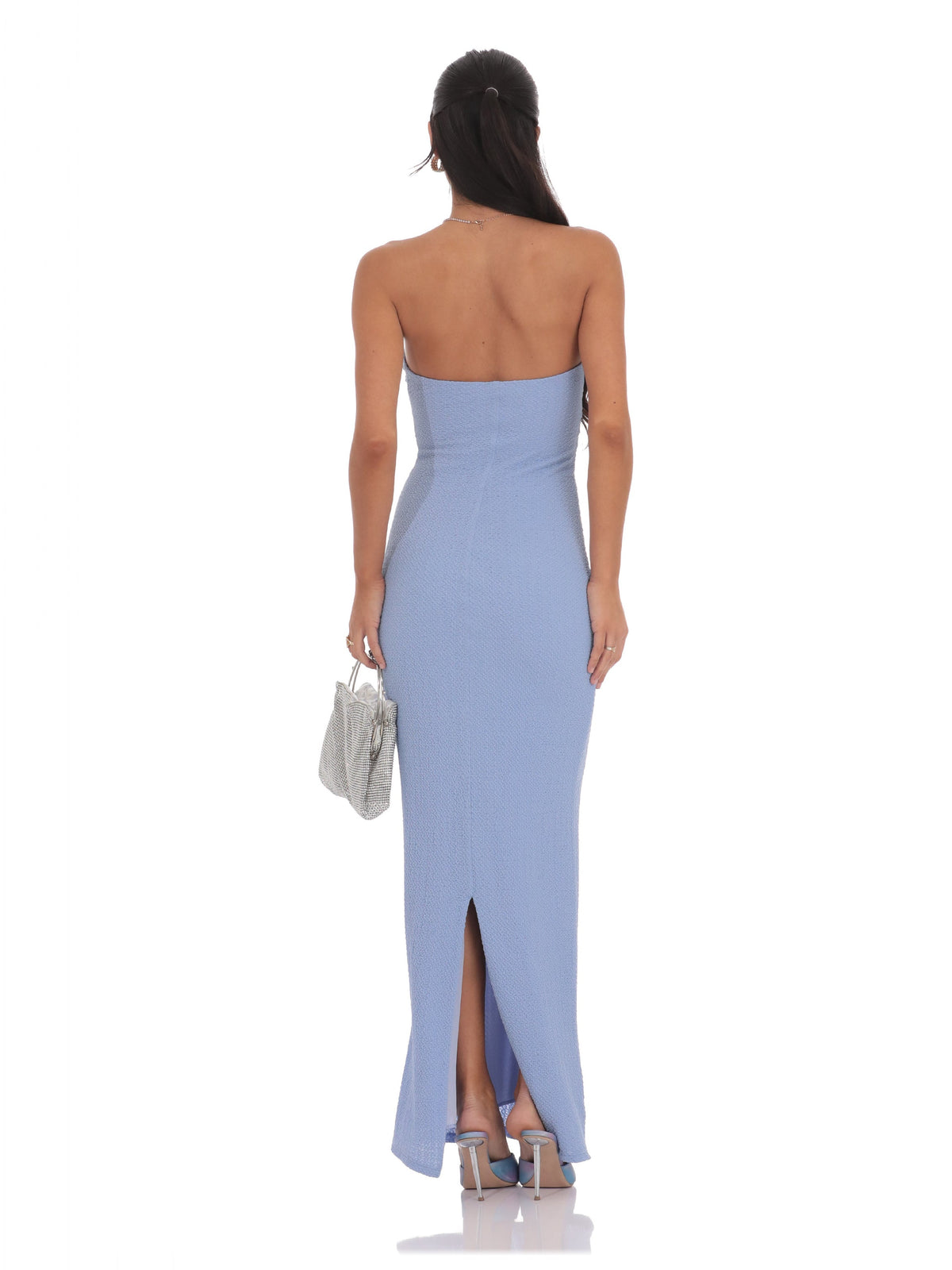 Light Blue bridesmaid dress with structured woven fabric construction and maxi hem