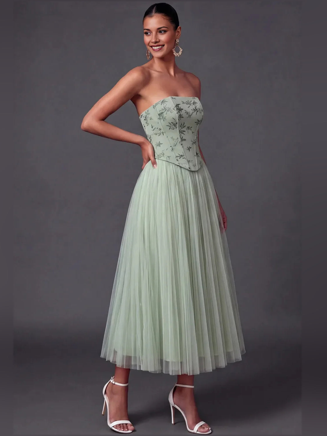 Dusty sage strapless corset A-line tulle dress with floral print bodice, side view