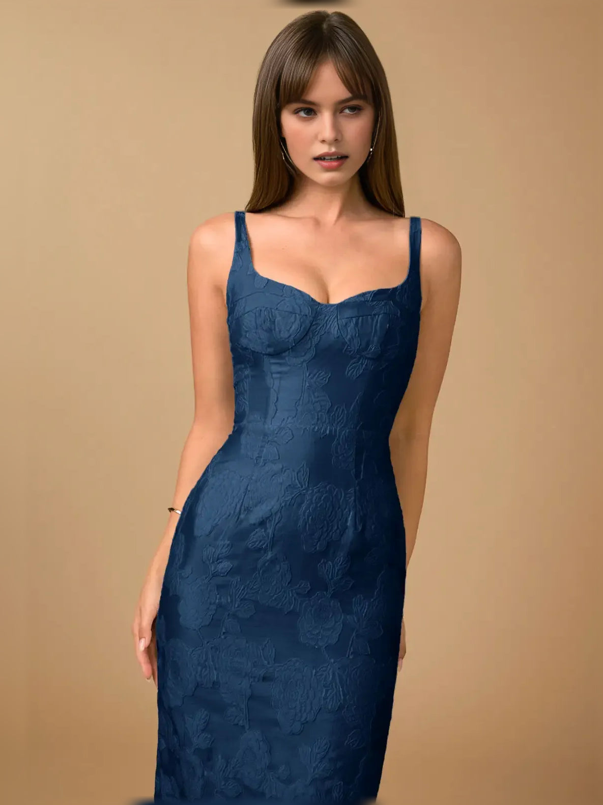 Floral print midi formal dress with sweetheart neckline and spaghetti straps, dark blue close front view