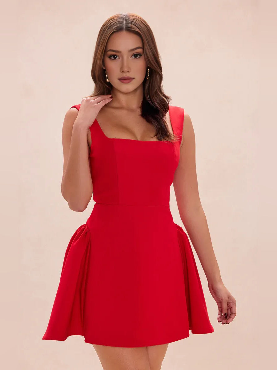 Red pleated square-neck A-line mini dress with fitted bodice and flared skirt