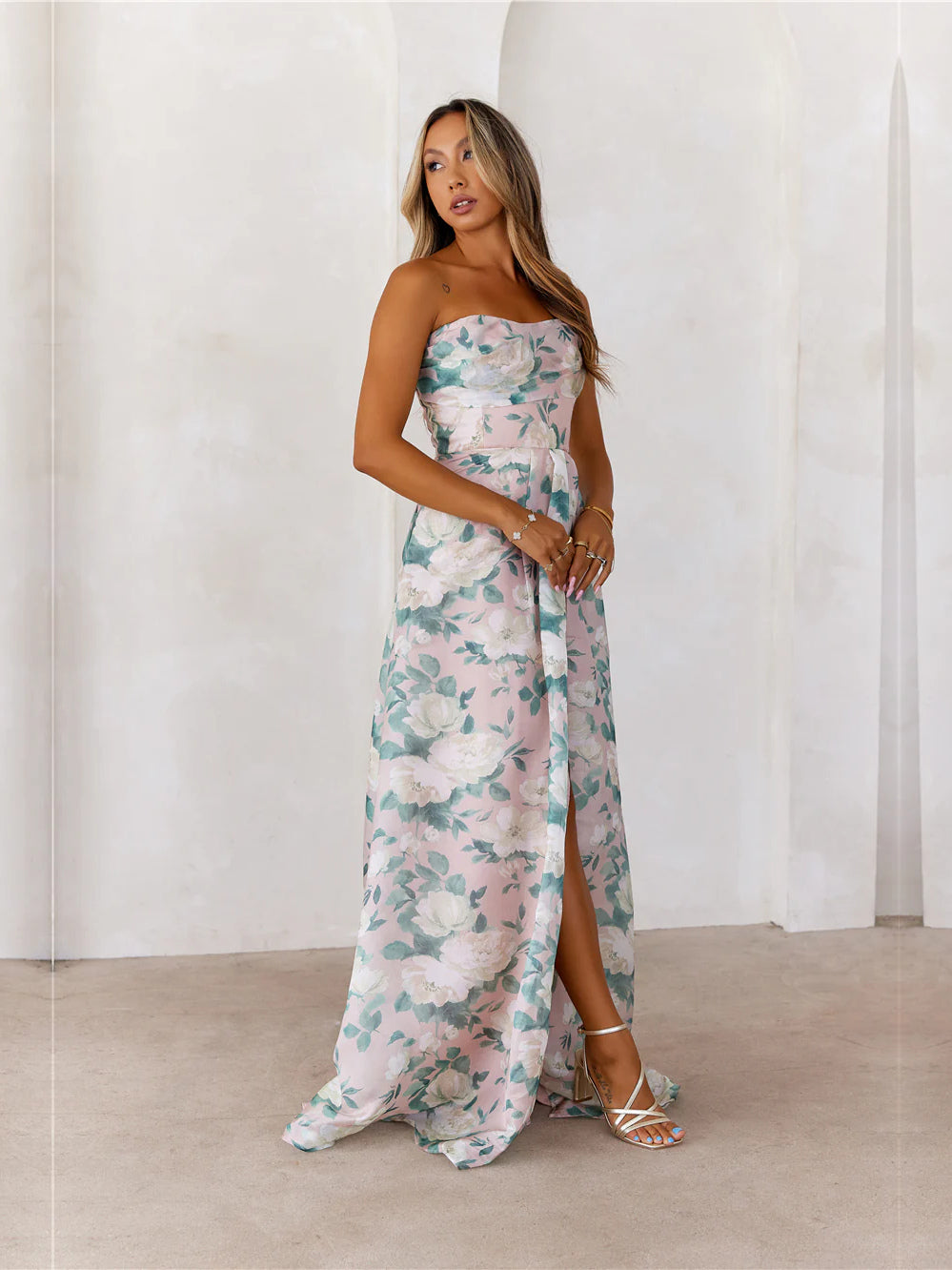 Multi a-line maxi formal dress with floral print, alternate view