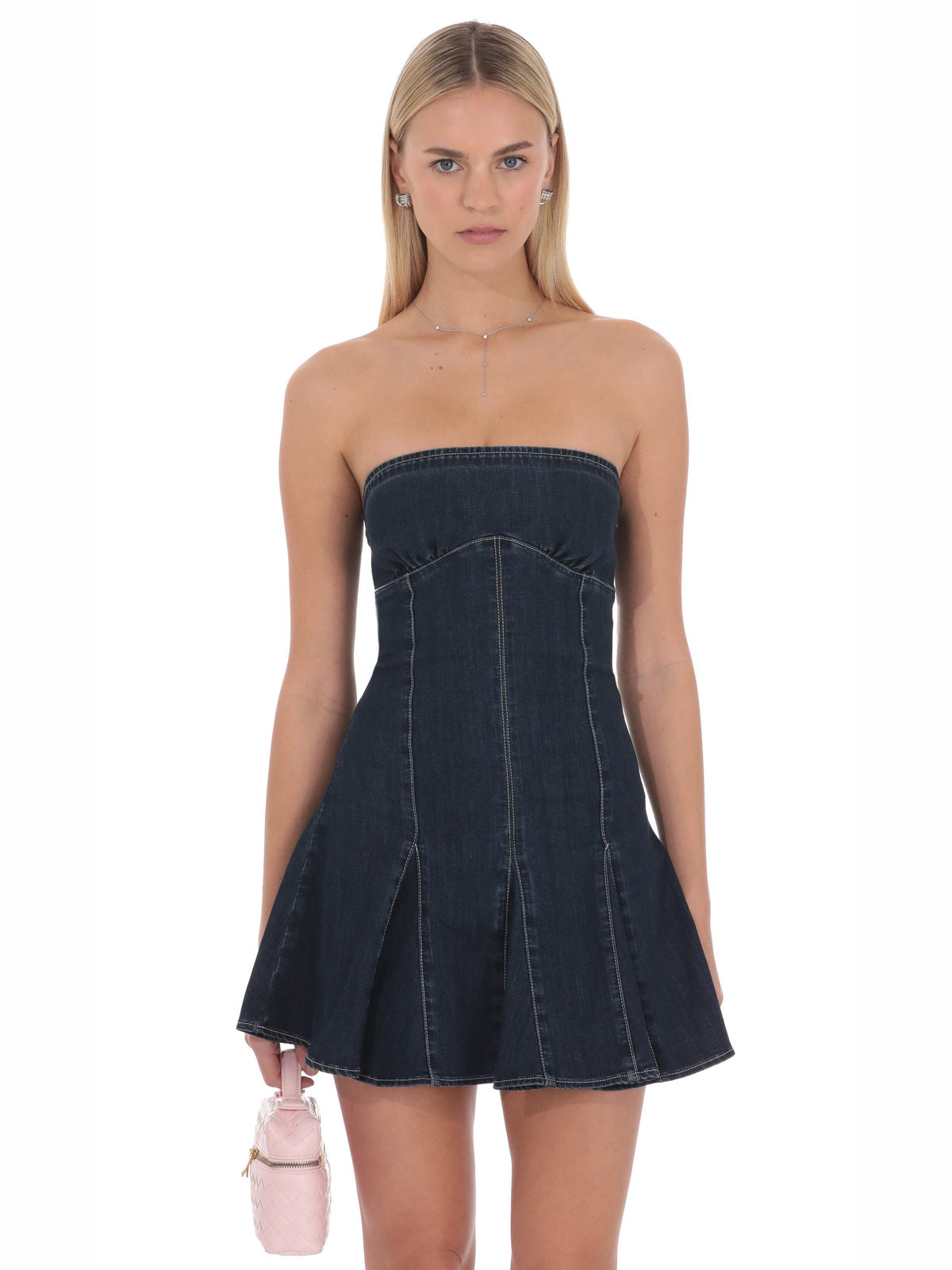 Blue homecoming dress with structured woven fabric construction and mini hem