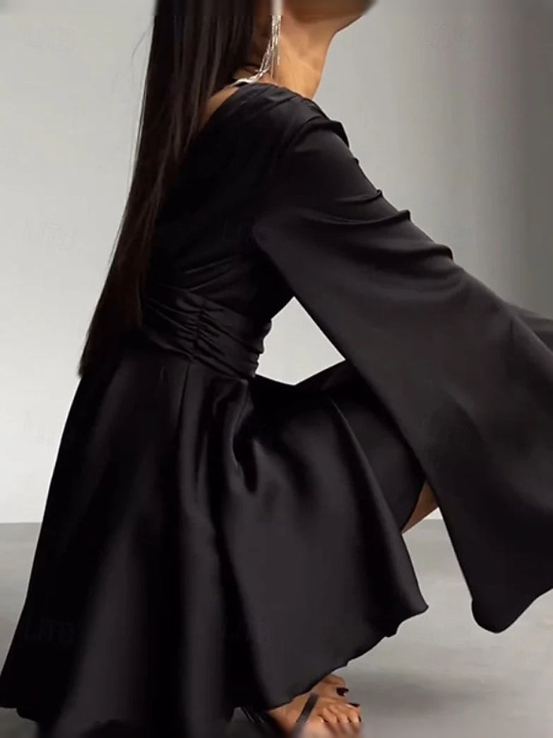 Black ruched V-neck mini satin prom dress with flared sleeves and gathered waist detail