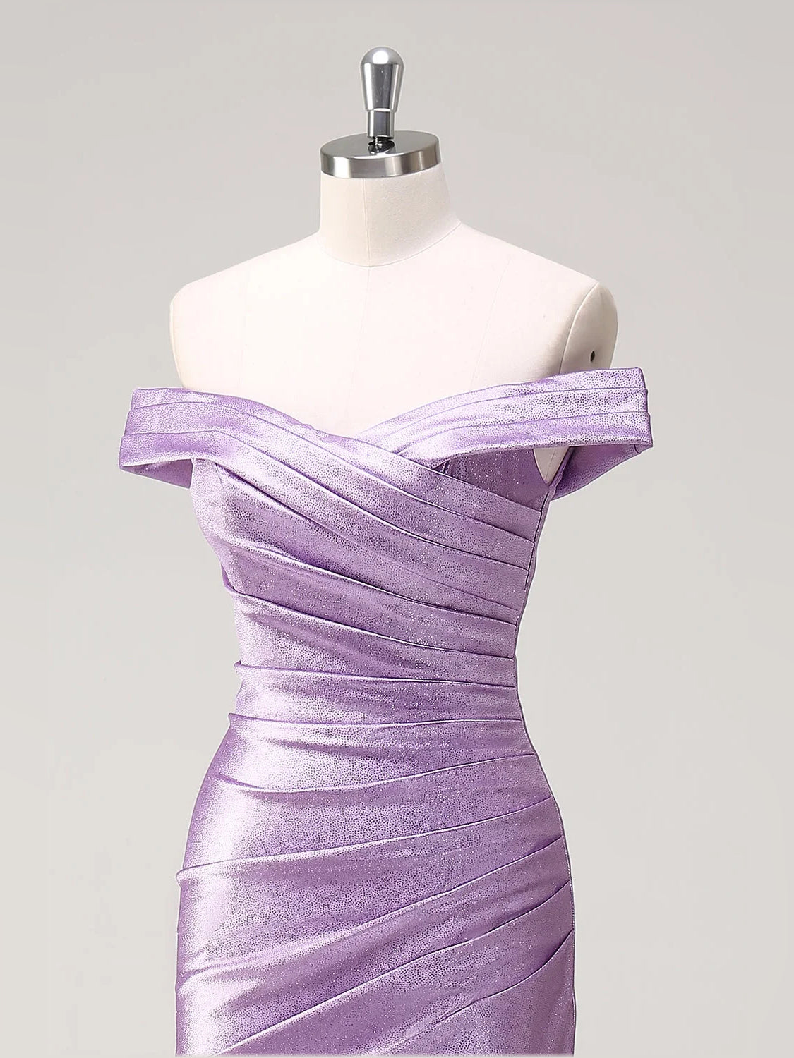 Lavender satin off-shoulder ruched bodice, mermaid floor-length gown