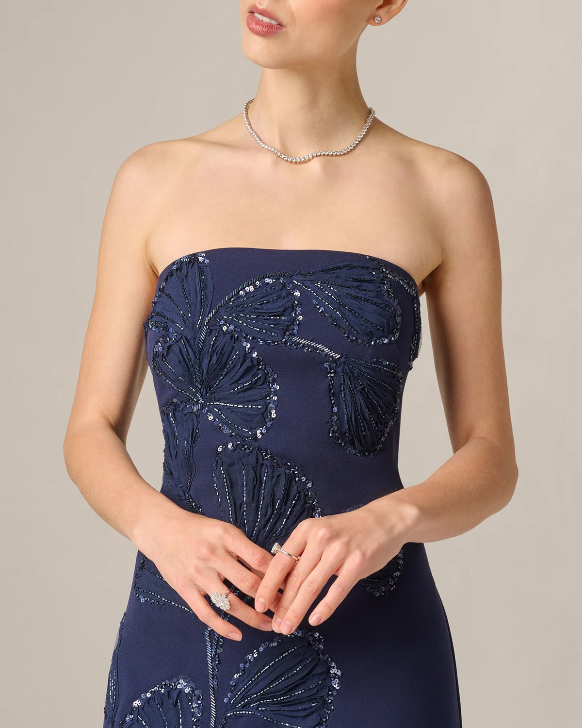 Dark navy strapless bodice with floral beaded embroidery and sequins detail