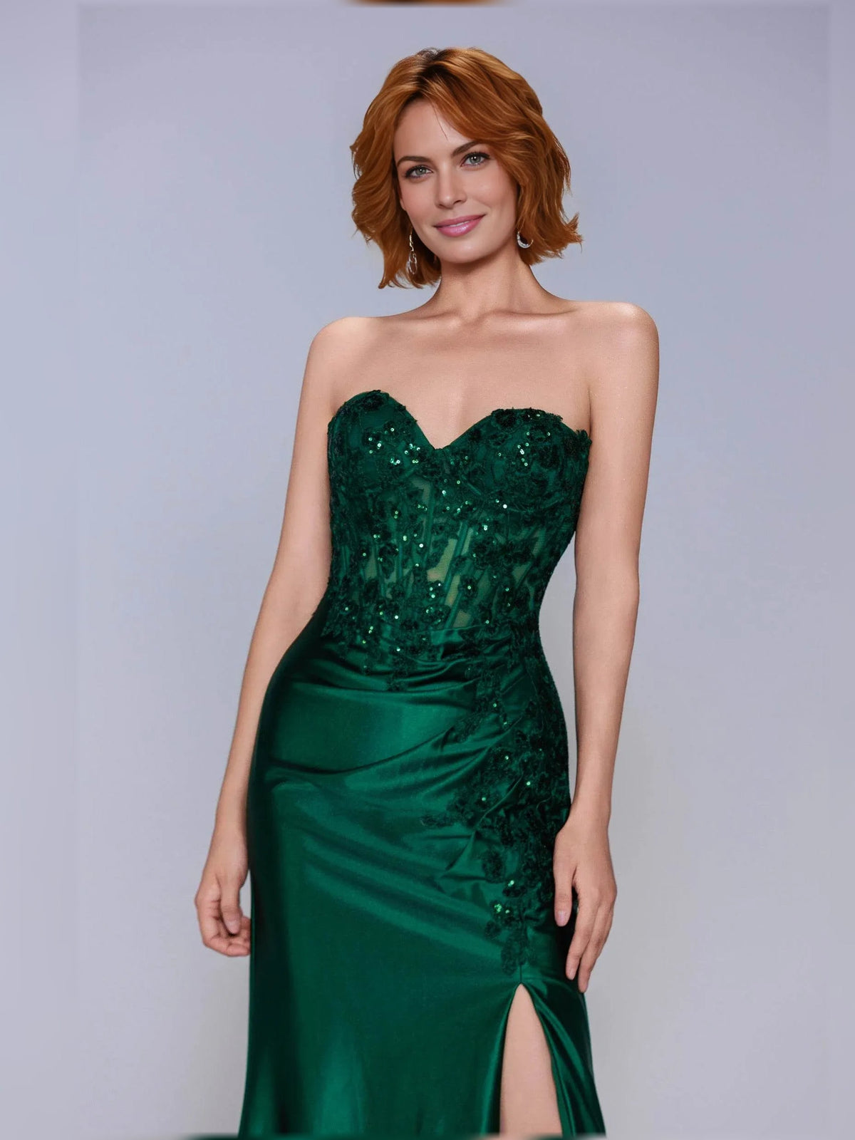 Peacock green sweetheart corset formal dress with sequin bodice and ruched waist