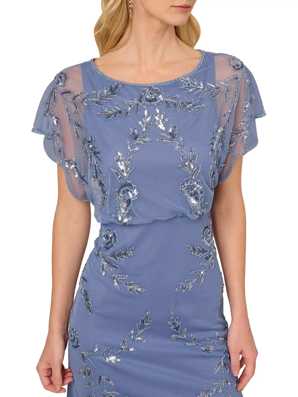Dusty blue beaded round-neck sheath maxi dress, close-up of neckline and sleeves