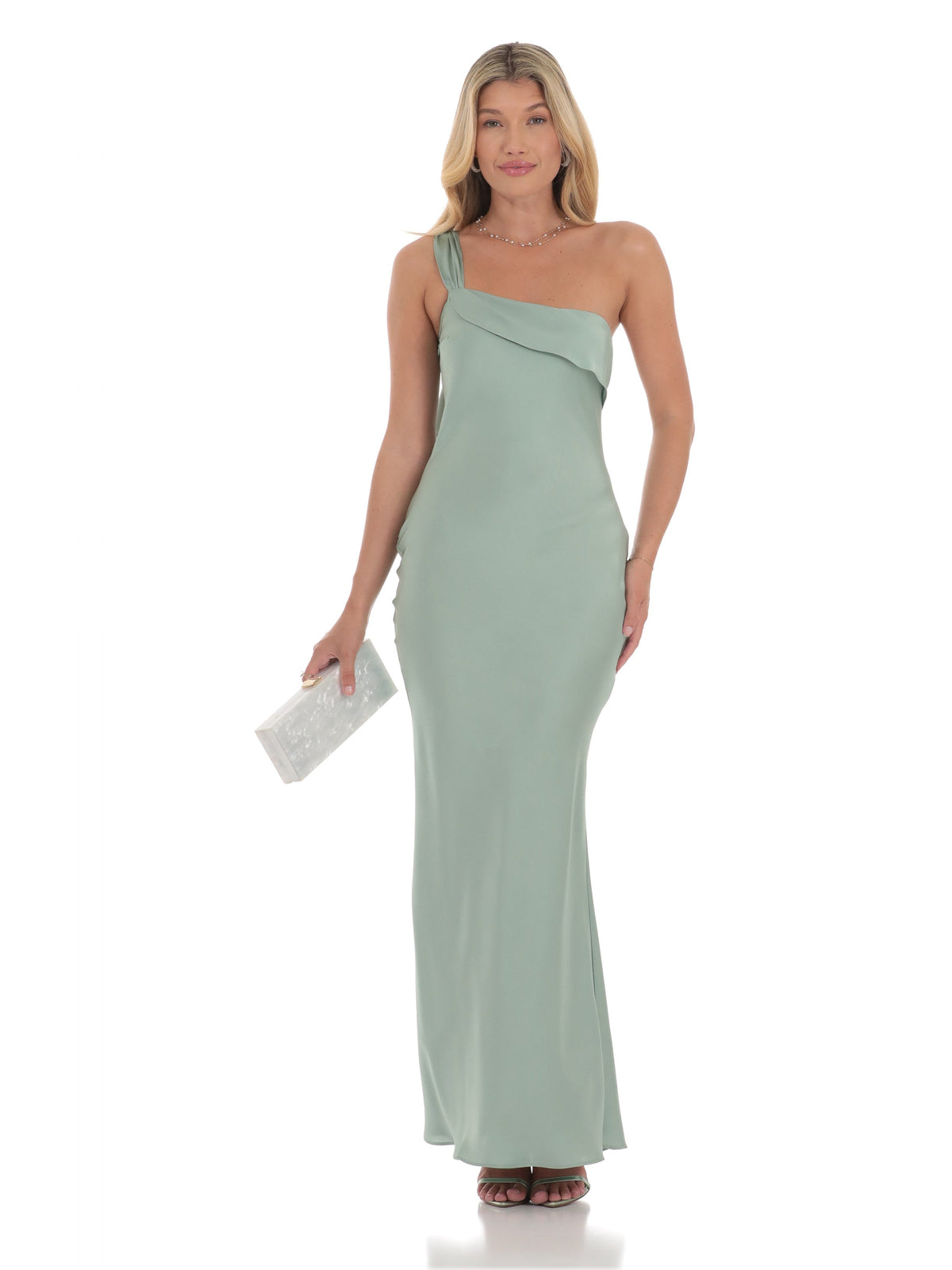 Sage bridesmaid dress with satin construction and maxi hem