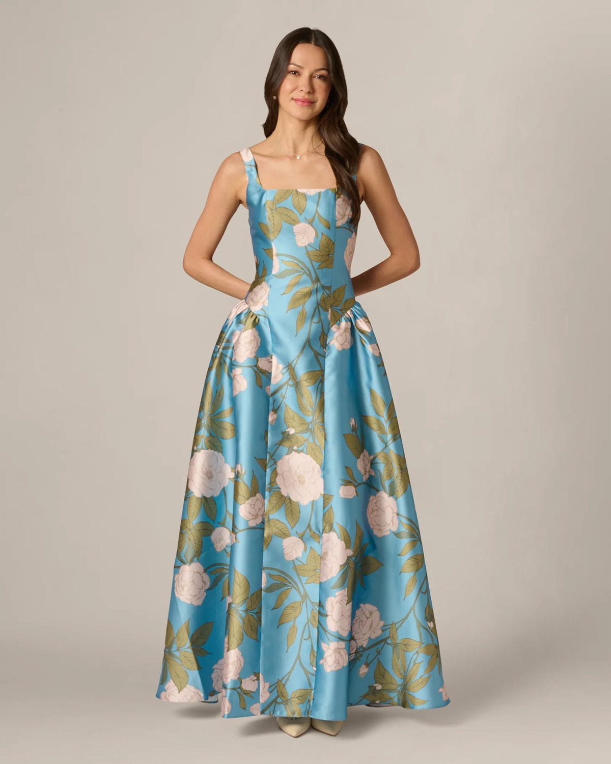 Blue floral maxi A-line dress with square neck, gathered waist, and flared skirt