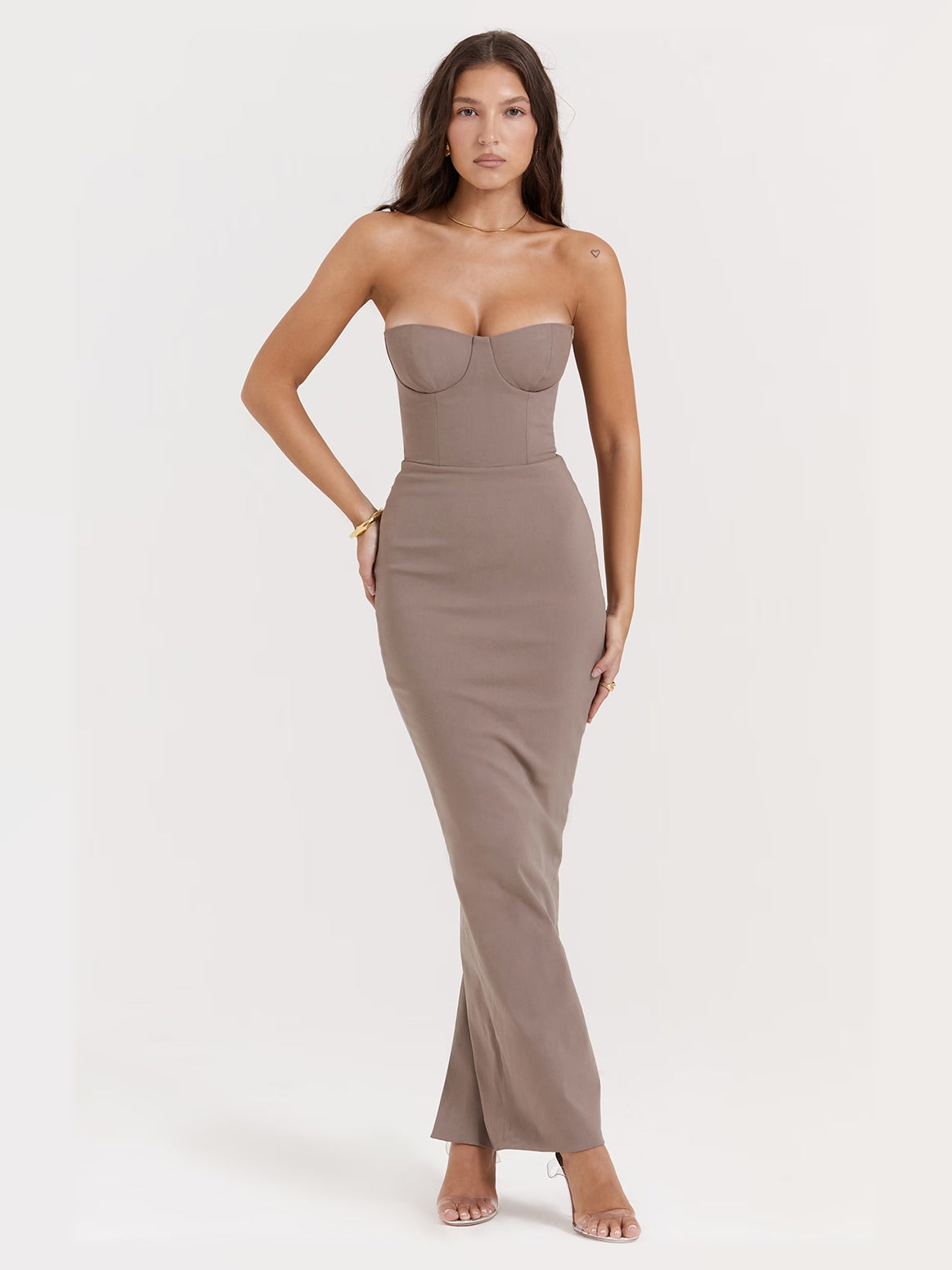 Taupe maxi formal dress, alternate full-length view showing the waistline