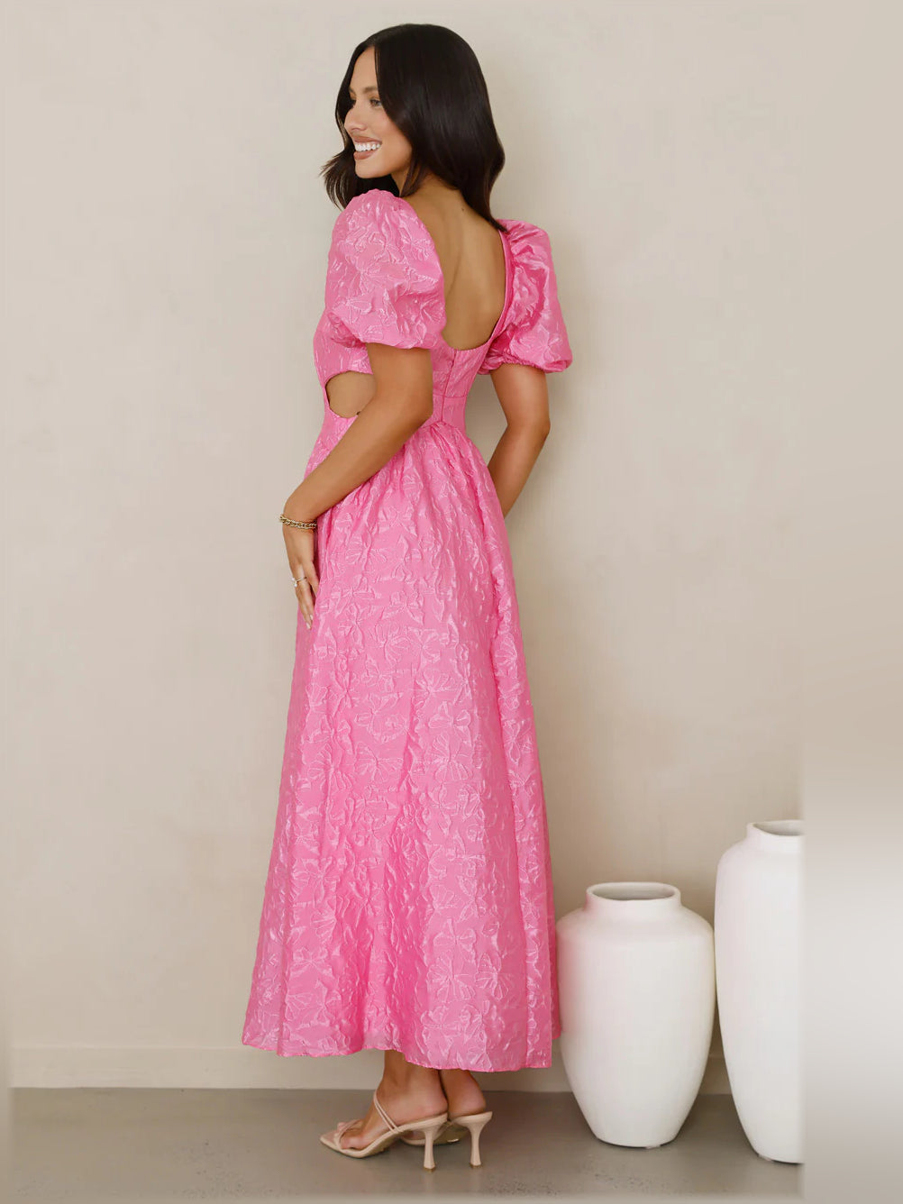 Fuchsia midi formal dress with open back and puff sleeves
