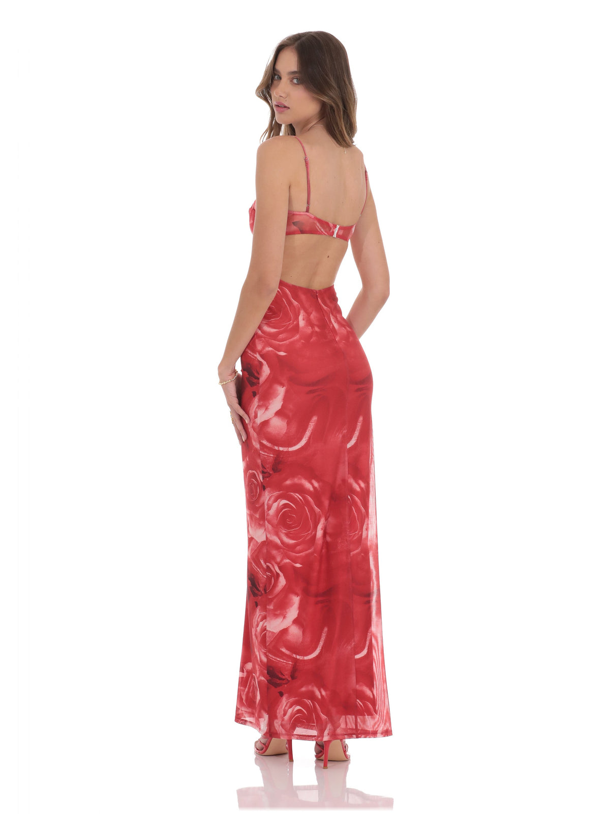 Red rose-print mesh maxi dress with spaghetti straps, fitted bodice, scoop back