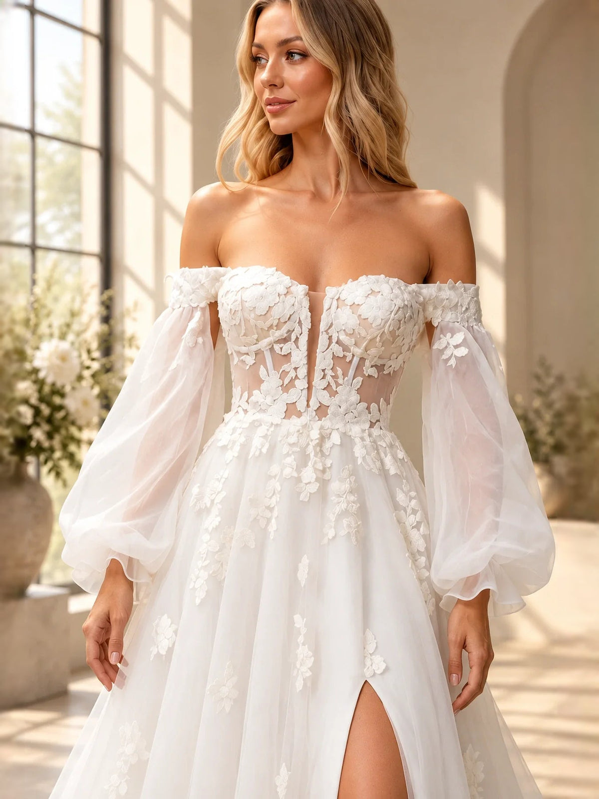 Ivory corset bodice wedding dress with floral lace appliques and off-shoulder sleeves
