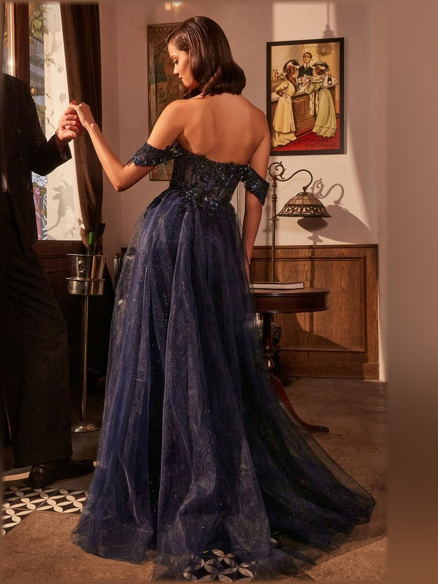 Dark navy floral off-the-shoulder corset formal dress, floor-length with open back