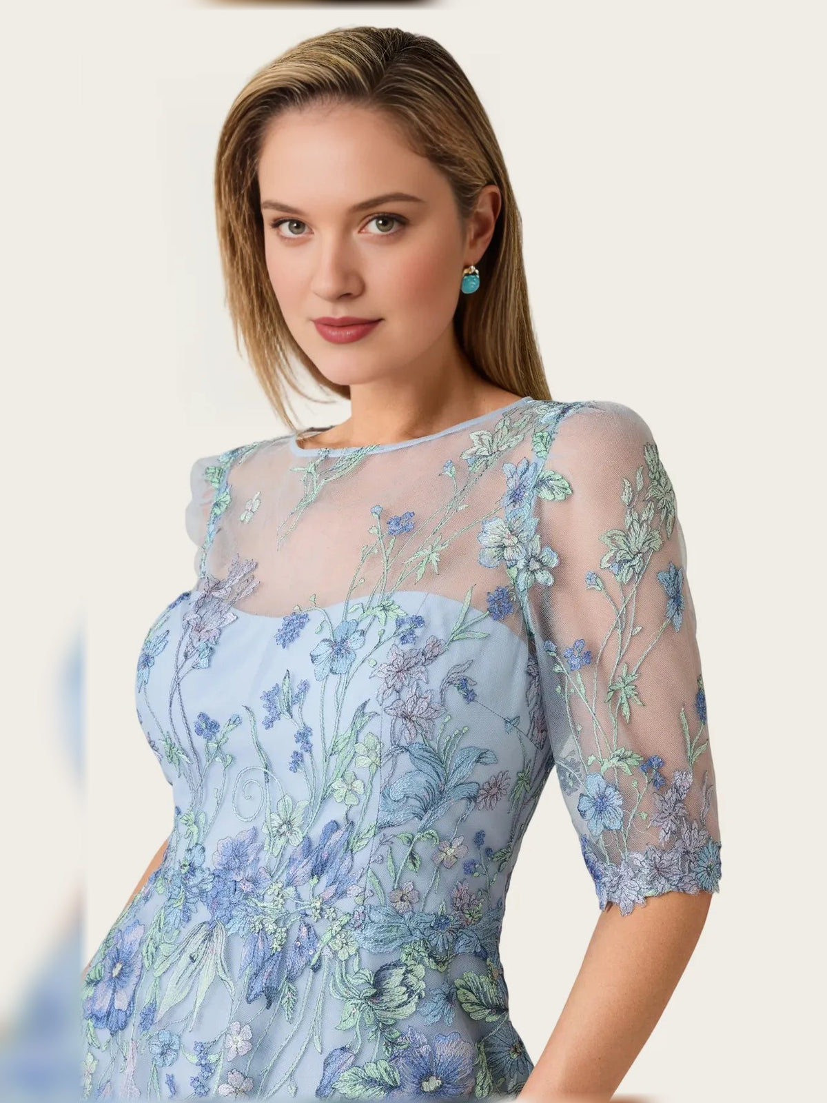 Light blue embroidered tulle bodice with floral appliques and sheer elbow sleeves