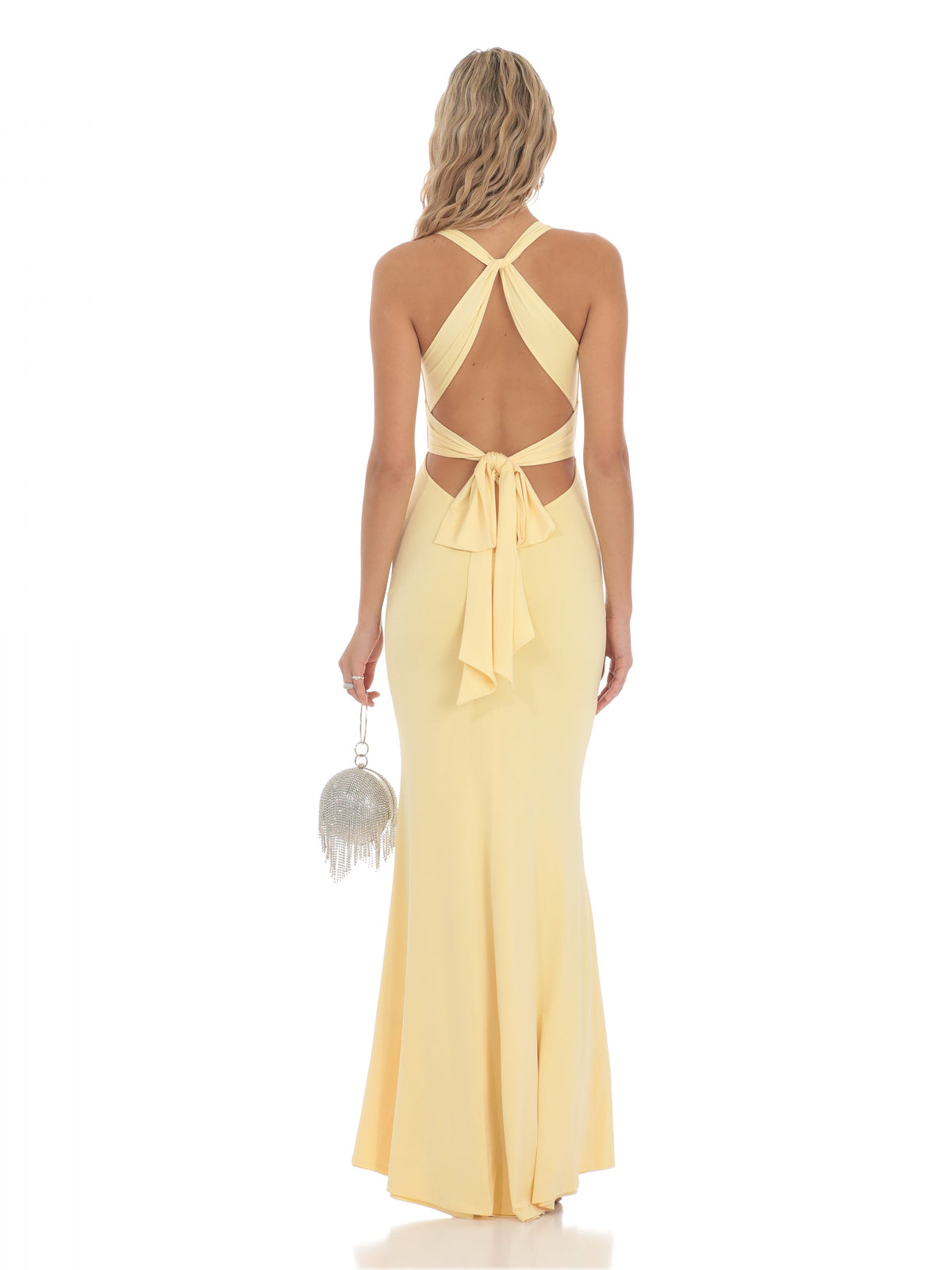 Yellow bridesmaid dress with structured woven fabric construction and maxi hem