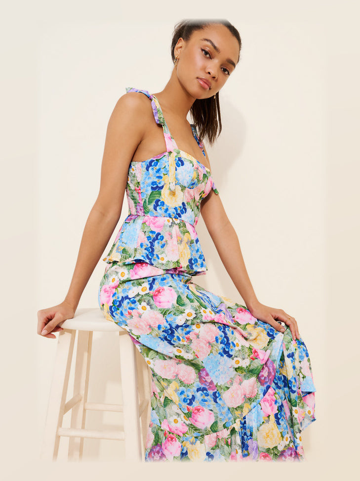 Pink Blue Floral Print maxi formal dress, alternate full-length view showing the waistline