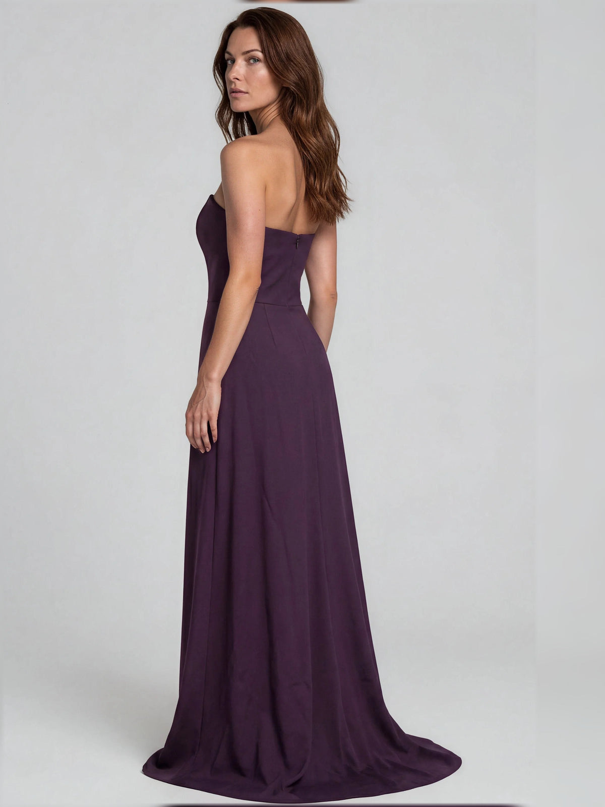 Dusty plum strapless A-line floor-length dress, back view