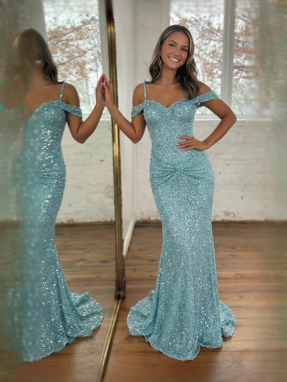 Blue sequin mermaid maxi prom dress with sweetheart neckline and fishtail hem