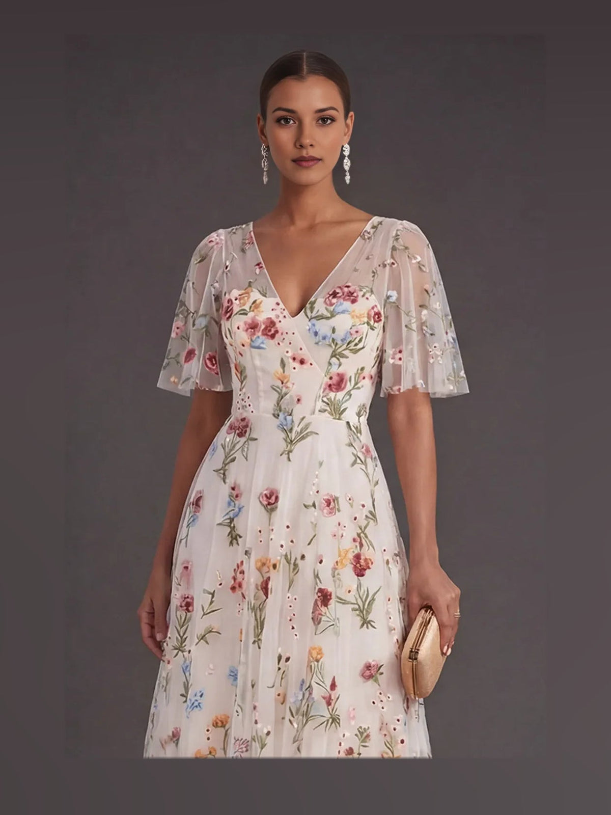 Ivory floral embroidered tulle V-neck prom dress, short flutter sleeves