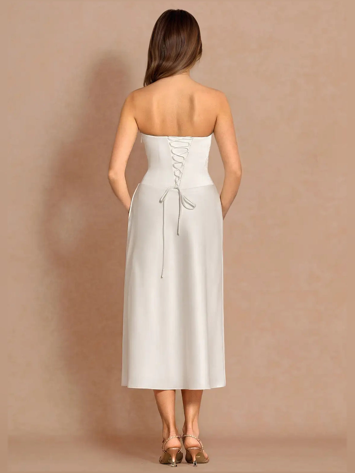 Ivory strapless corset midi satin dress, open back with lace-up ties