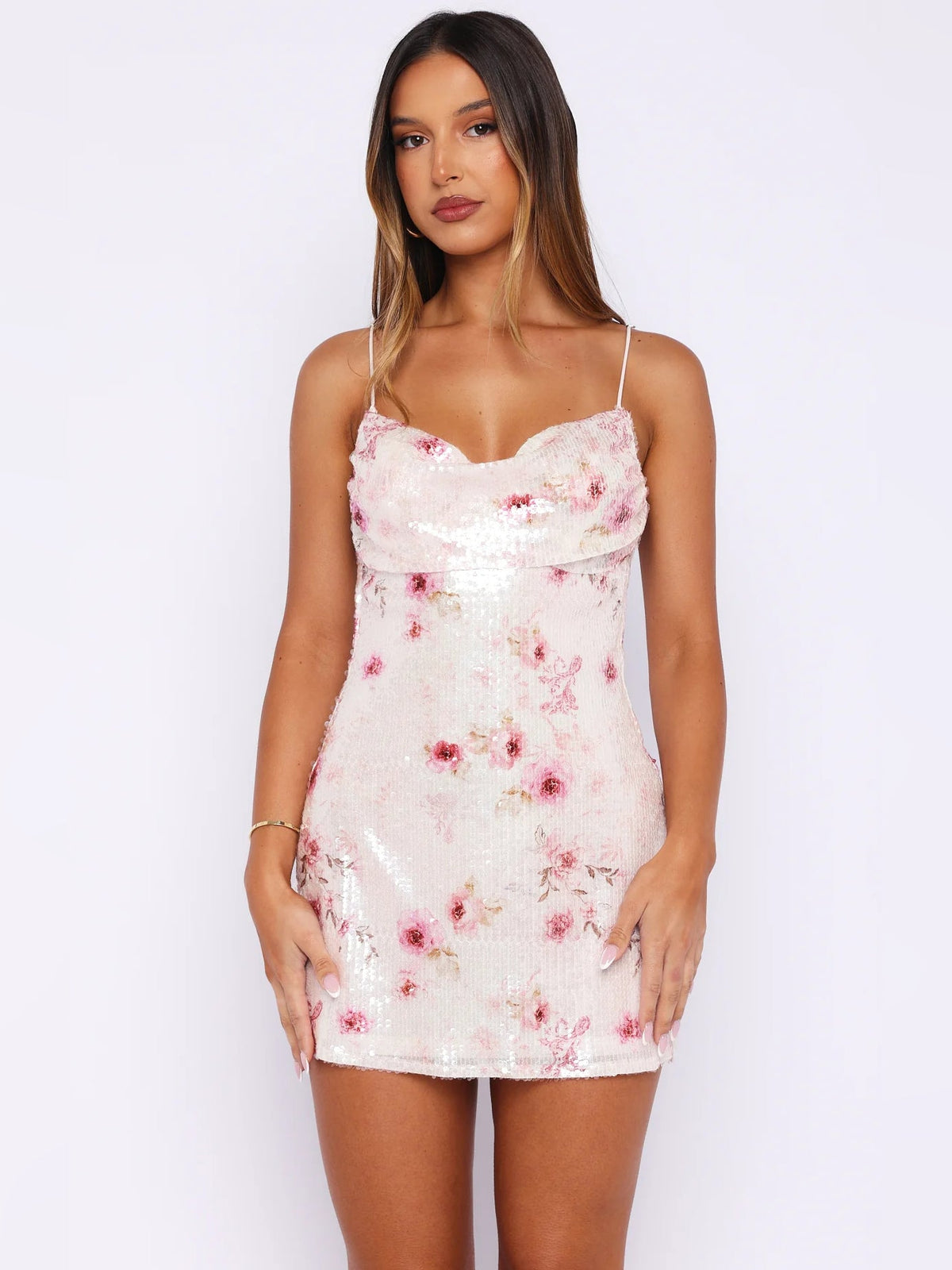 Rose floral sequin mini dress with thin spaghetti straps and fitted silhouette