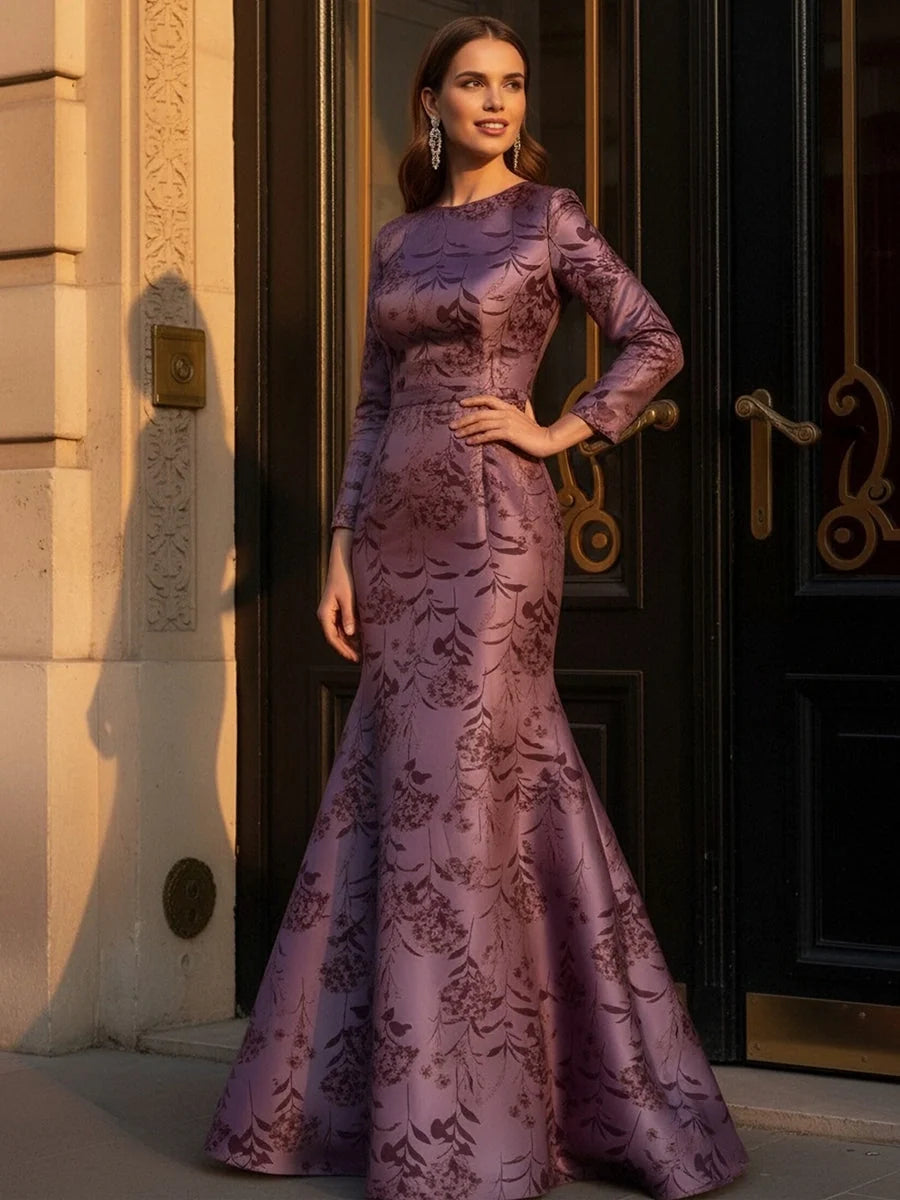 Mulberry floral satin mermaid gown with long sleeves and fitted waist detail