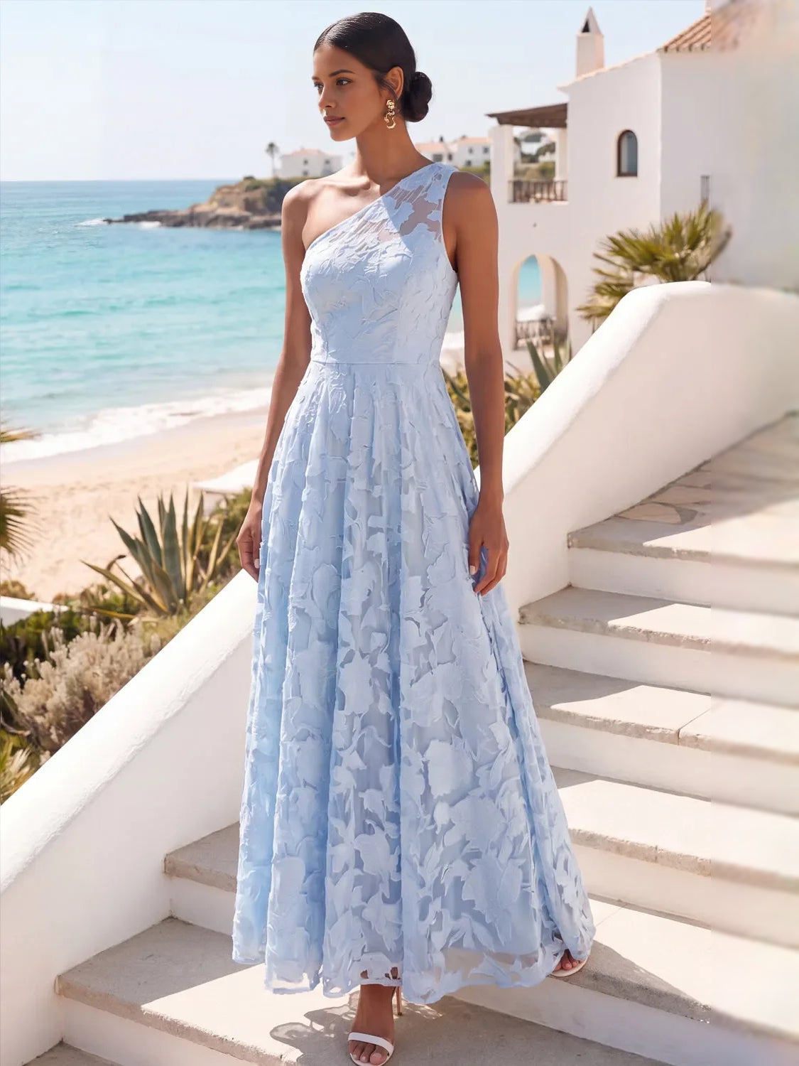 Light blue one-shoulder A-line maxi dress, sleeveless with layered floral texture