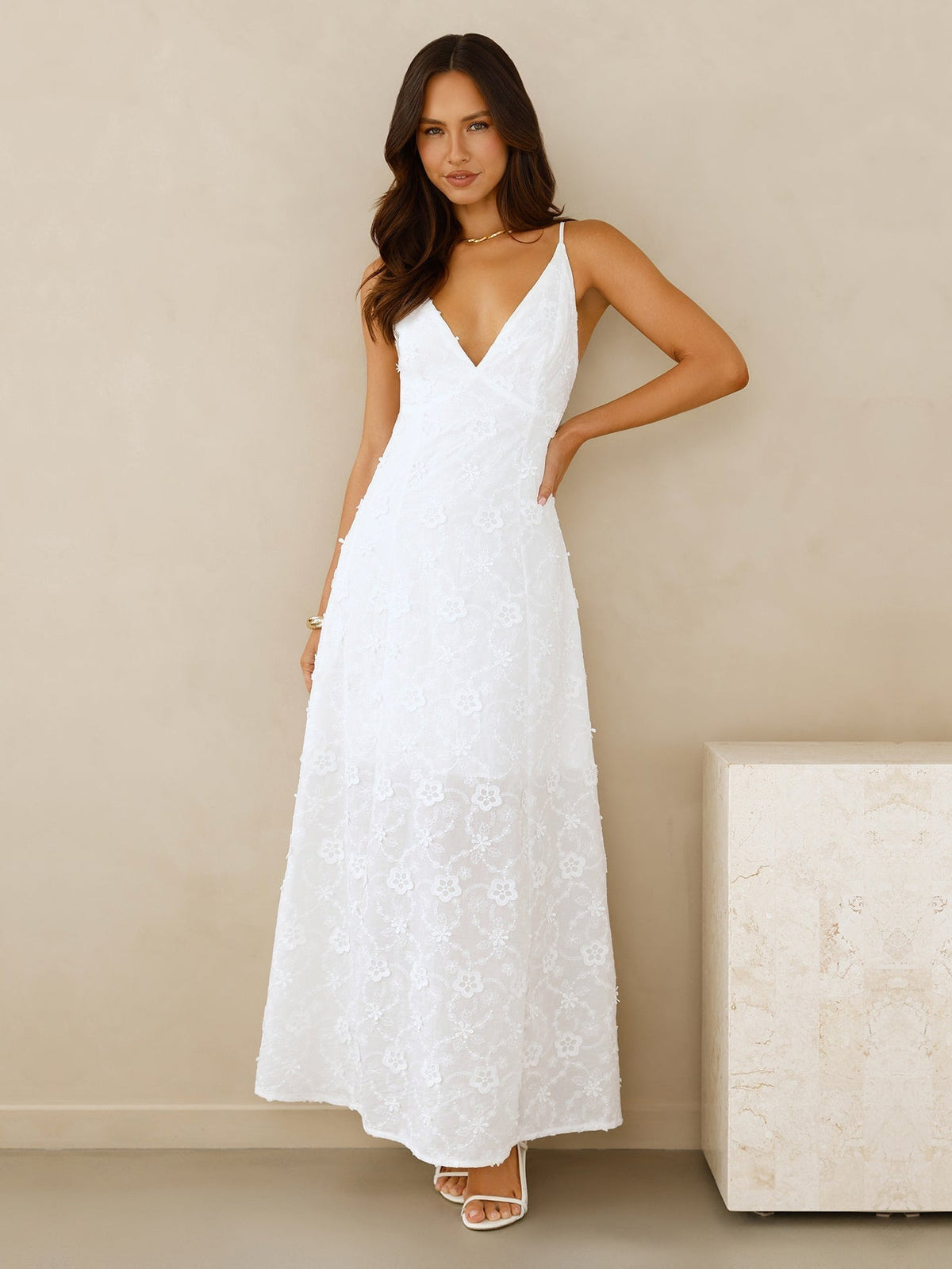 White a-line maxi formal dress with cutout detail, alternate view
