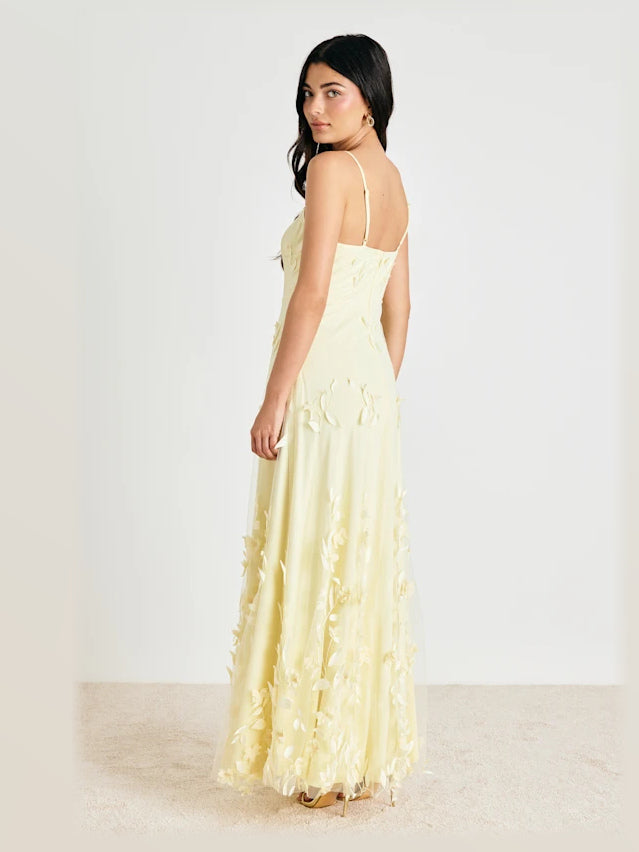 Pale Yellow formal dress with structured woven fabric construction and maxi hem