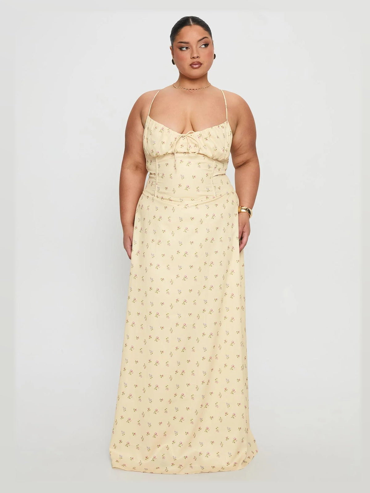 Yellow Floral formal dress with structured woven fabric construction and maxi hem