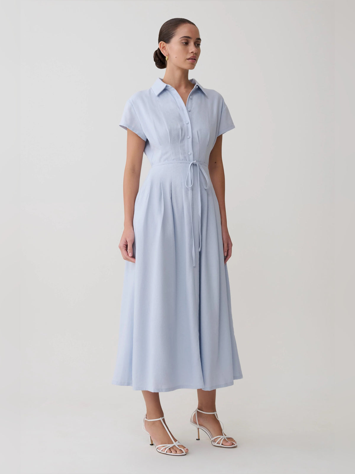 Cornflower blue buttoned linen midi dress with short sleeves, collar, and waist tie