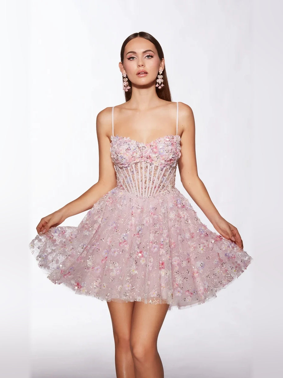 Pink mini tulle A-line dress with corset bodice, sweetheart neckline, floral details