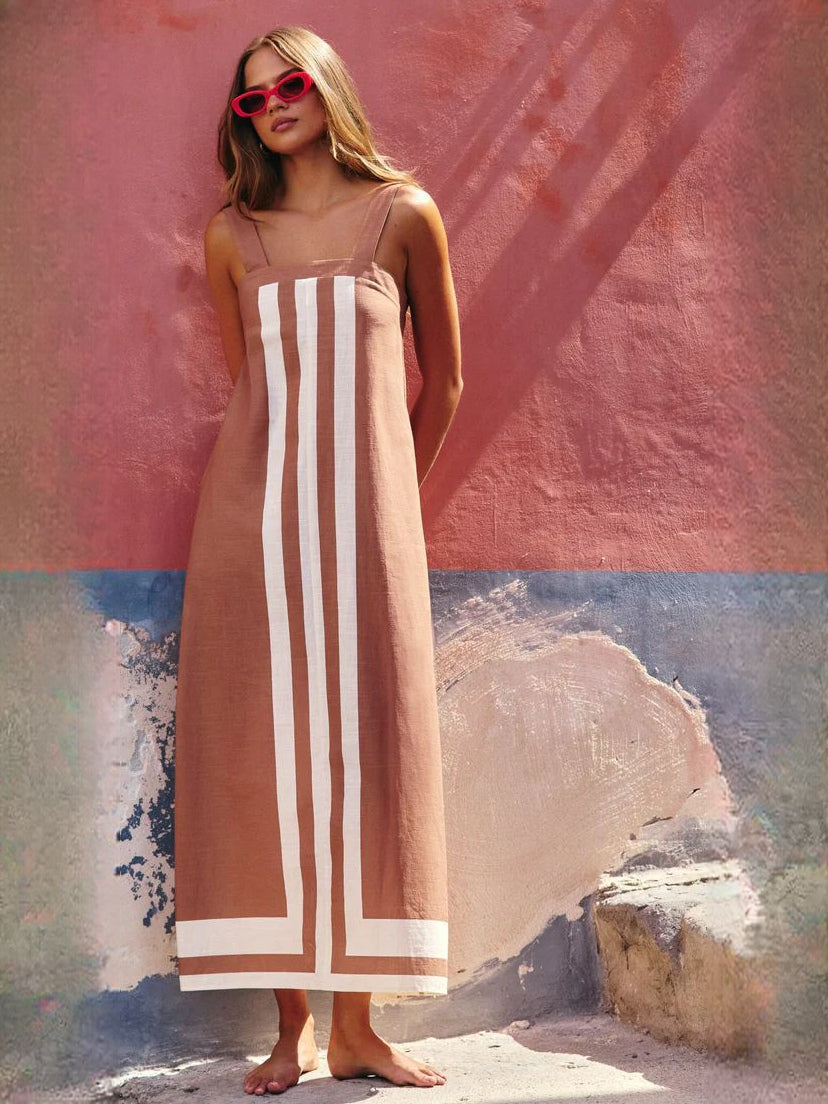 Brown White Stripe a-line maxi formal dress with printed pattern, alternate full-length view