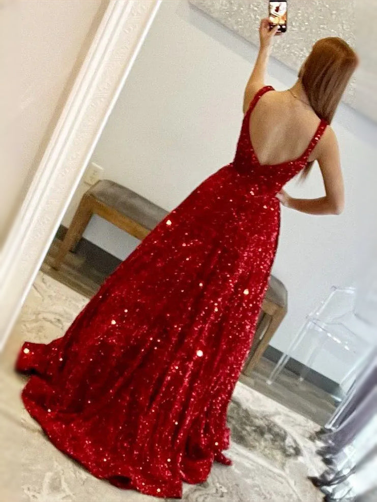 Backless red sequin maxi prom dress with square back and flowing A-line skirt